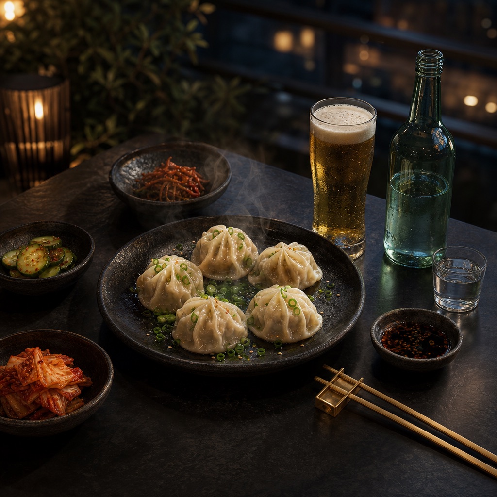 Generated placeholder illustration of Korean dumplings, banchan, beer, and soju on a dark patio table