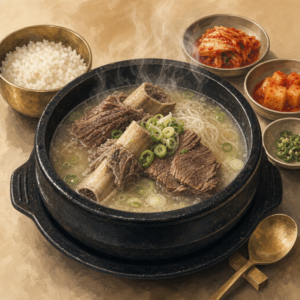Generated placeholder illustration of Korean beef soup in a black clay pot with rice and banchan